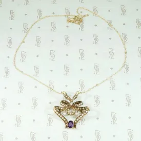 European Pearl & Amethyst Gold Bow Pendant