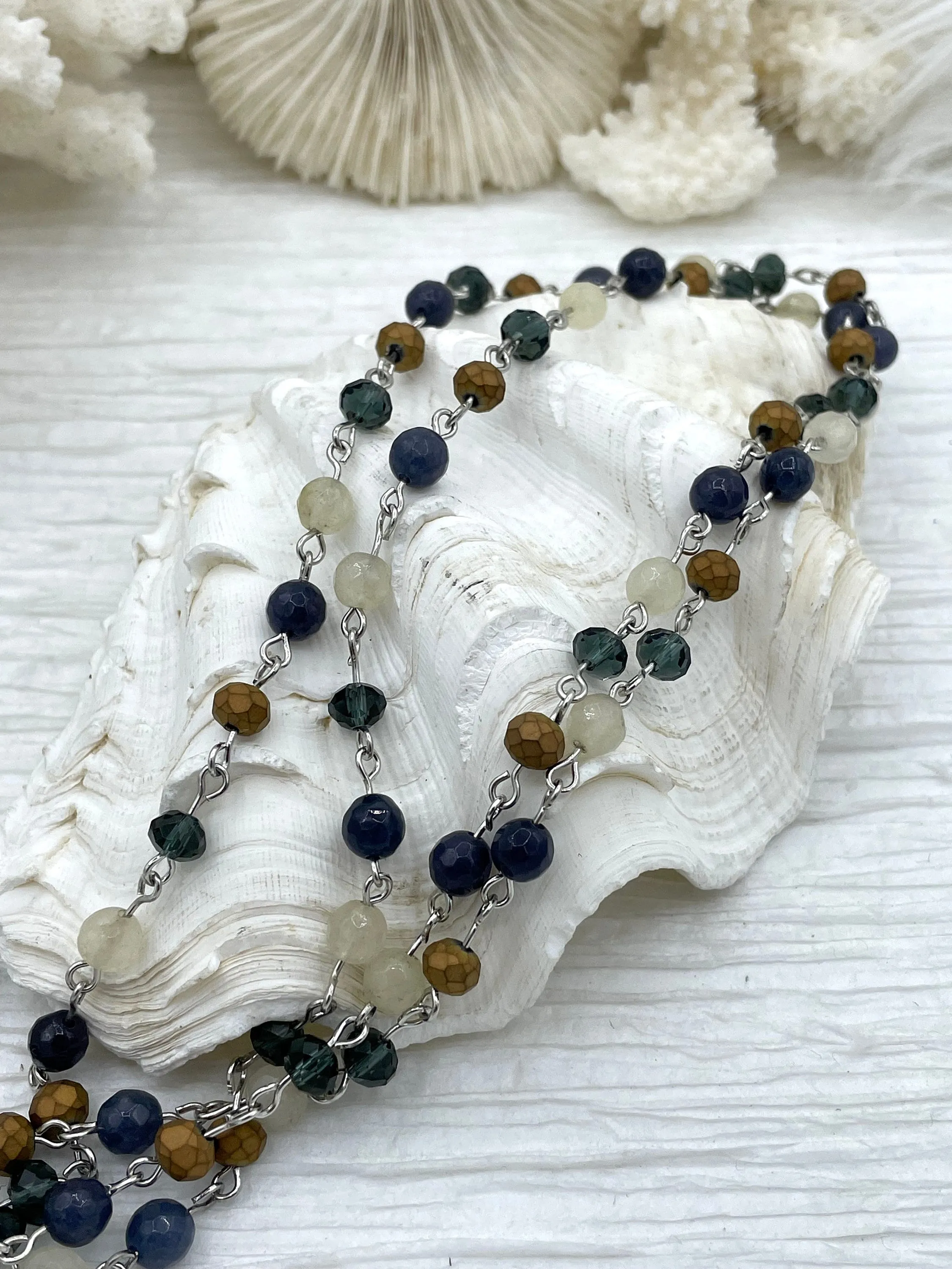 Gemstone Crystal mix Rosary Faceted Blue Agate with Mixed Crystal Shapes, Crystal Beaded Chain 6mmBeads,Silver pin, 1 Meter (39 ") Fast Ship