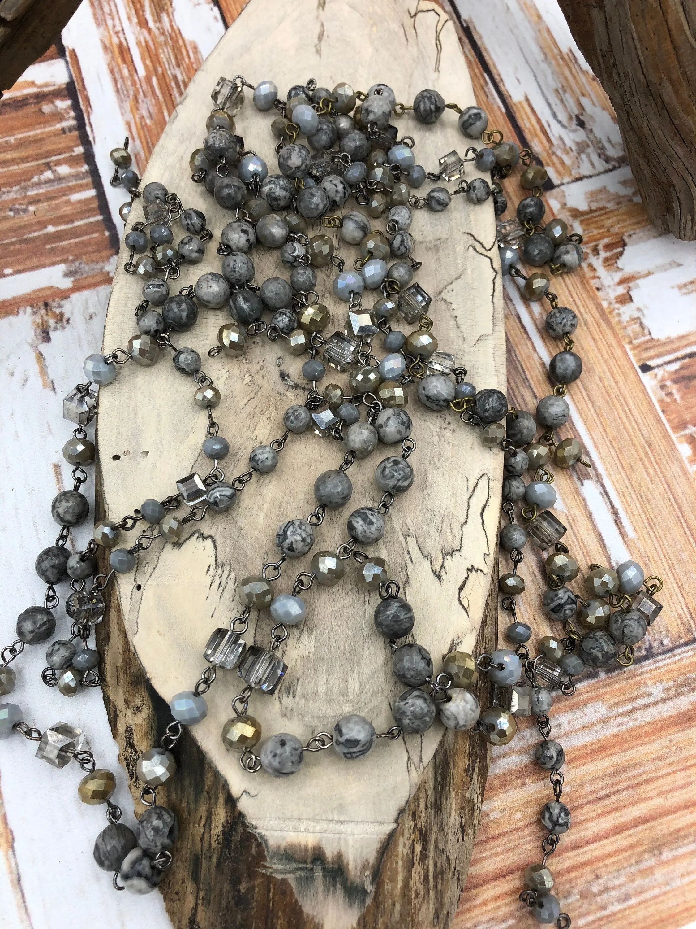 Gemstone Crystal mix Rosary Picasso Jasper Square and Rondelle Crystal Beaded Chain 8mm 6mm Gunmetal or Bronze, pin 1 Meter (39 ") Fast Ship