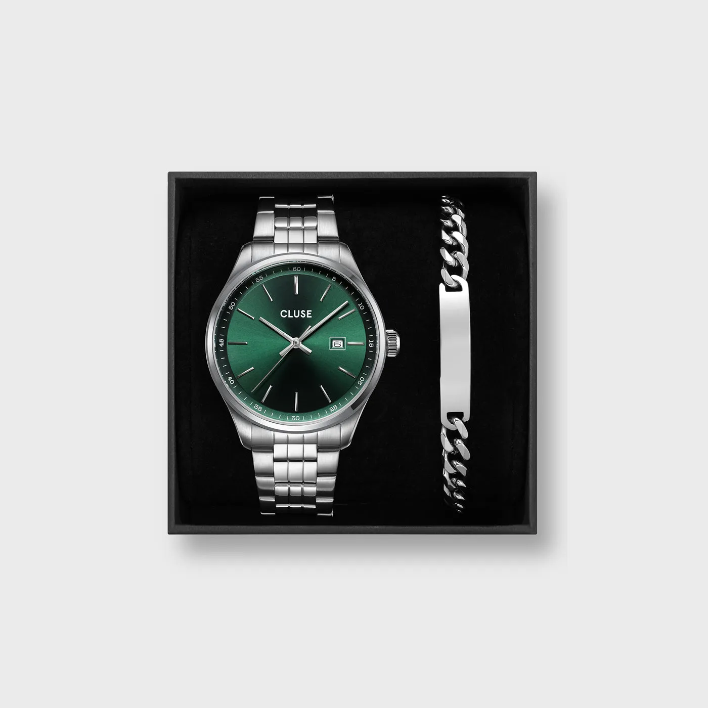 Gift Box Anthéor Steel Watch Green and Silver Chain Bracelet