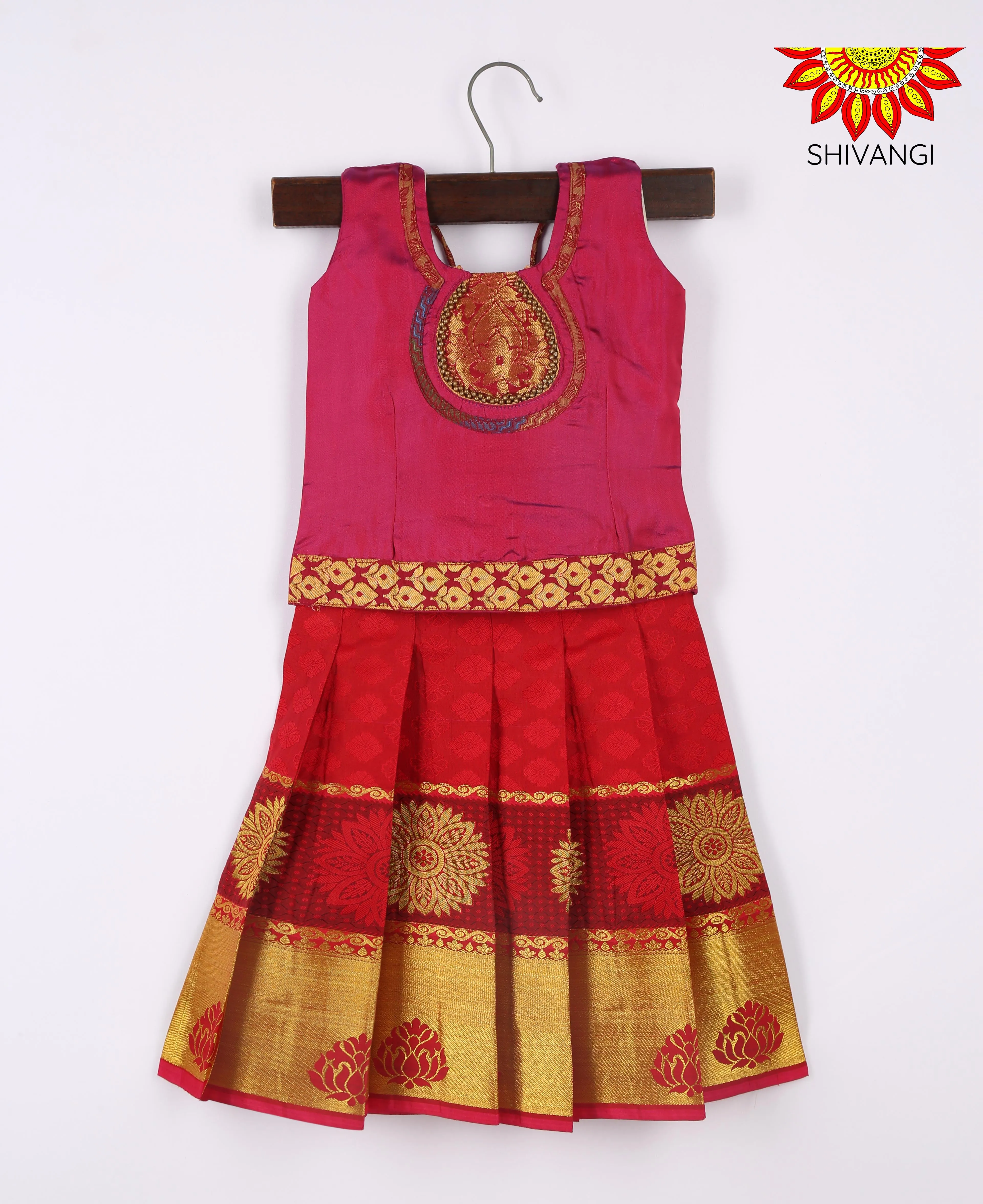 Girls Art Silk Red Pattu Pavadai