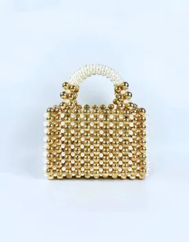 Gold And White Beaded Mini Tote Bag