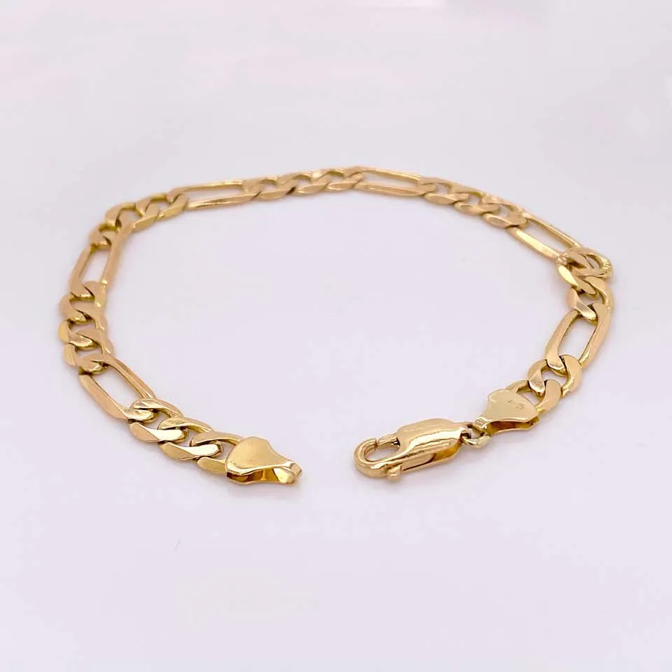 Gold Figaro Bracelet, 14 Karat Yellow Gold Charm Bracelet