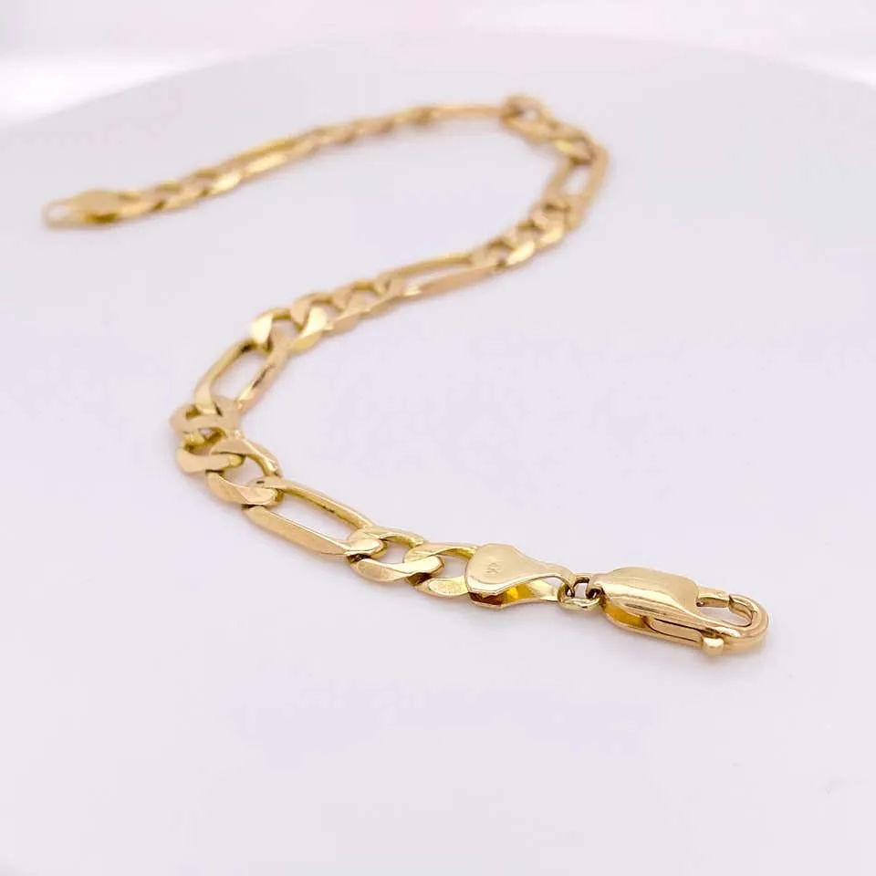 Gold Figaro Bracelet, 14 Karat Yellow Gold Charm Bracelet