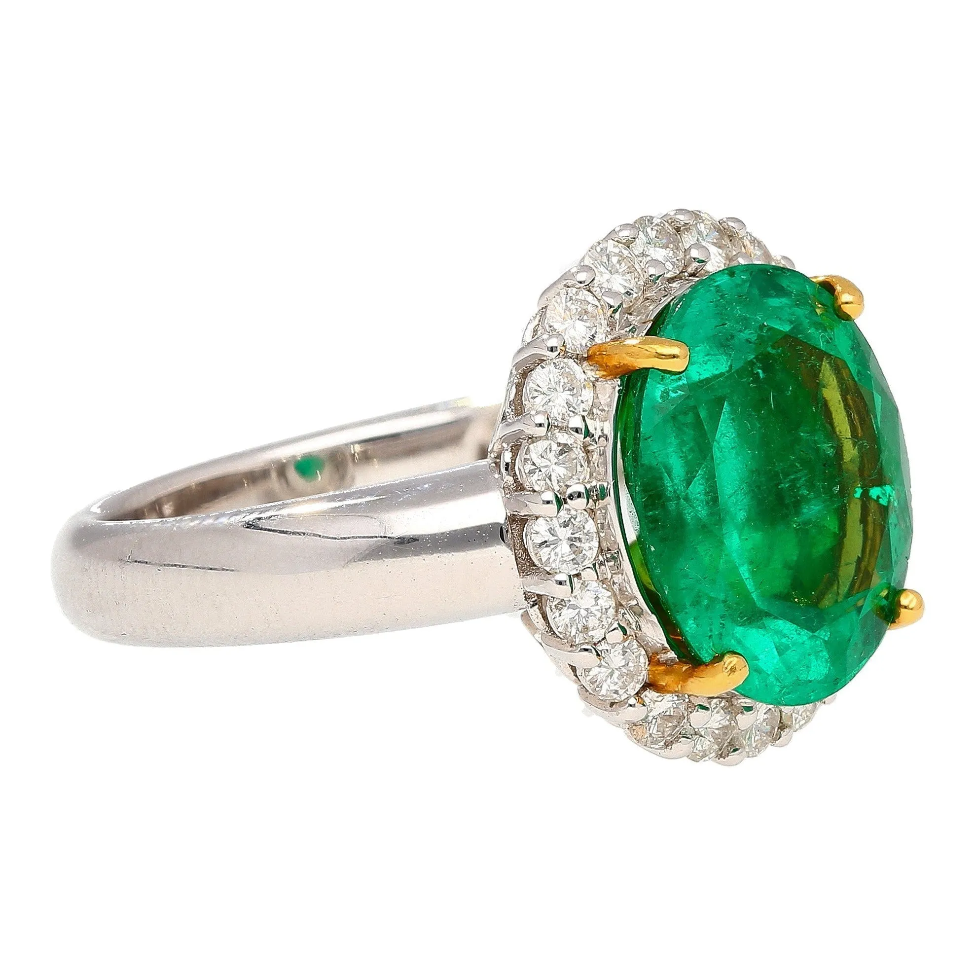 GRS Certified 5.03 Carat Oval Cut Minor Oil Colombian Emerald Ring with Diamond Halo in 18K White Gold