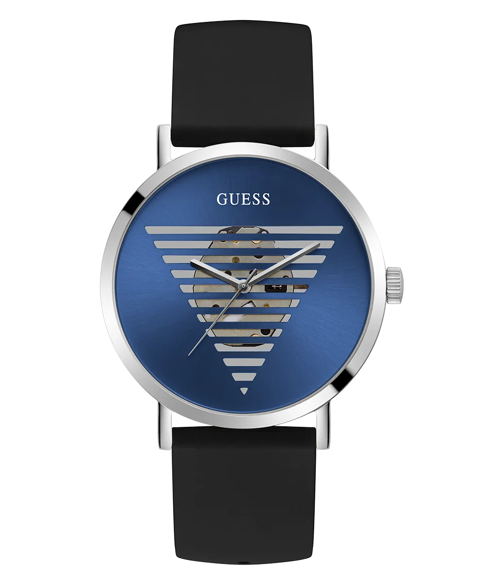 GUESS Mens Black Silver Tone Analog Watch