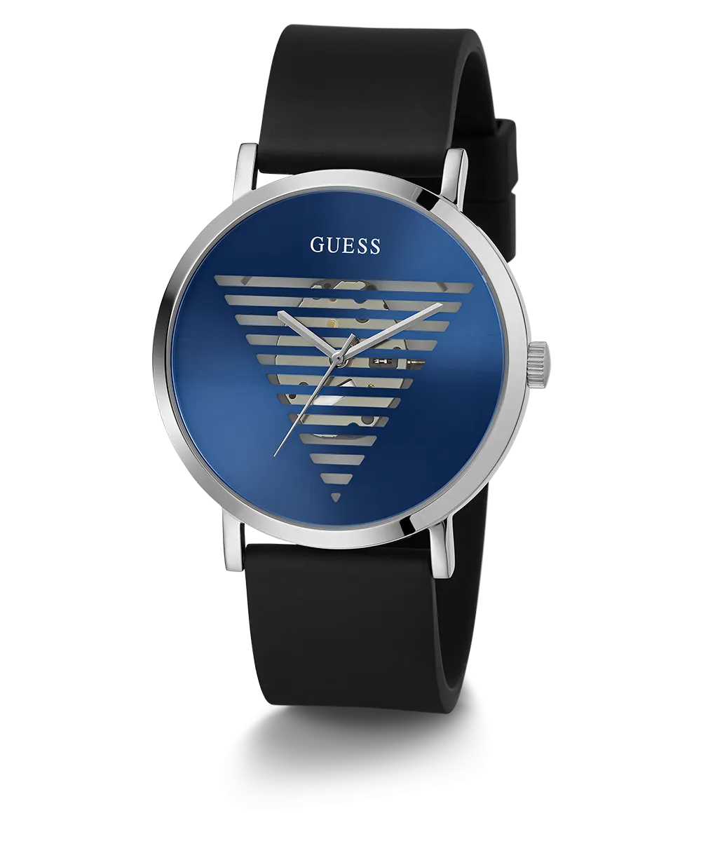 GUESS Mens Black Silver Tone Analog Watch