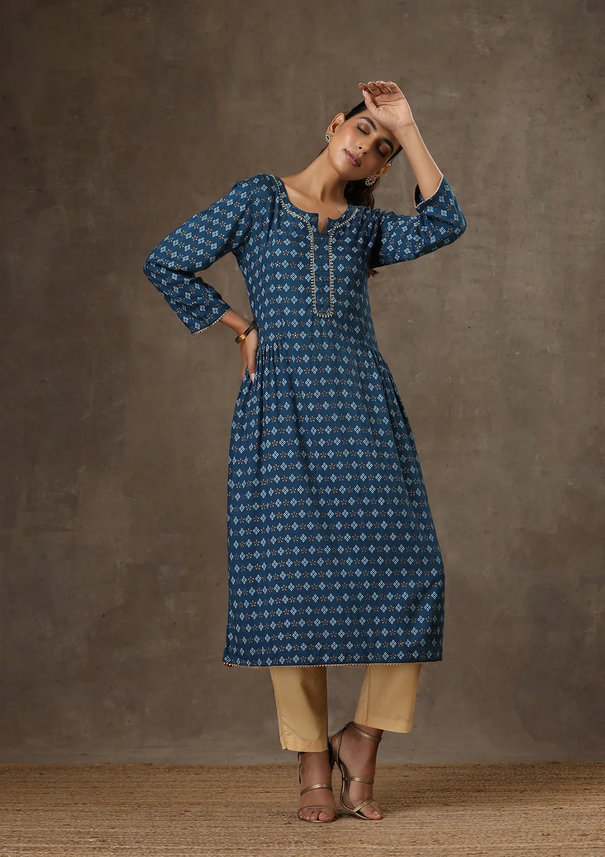 HOC Crafts Rayon Hand Embroidered Printed Women's Long Kurta - Navy Blue