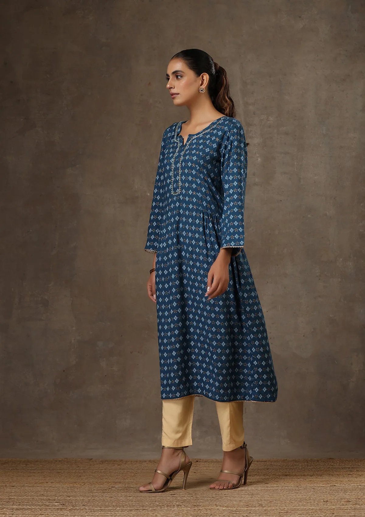 HOC Crafts Rayon Hand Embroidered Printed Women's Long Kurta - Navy Blue