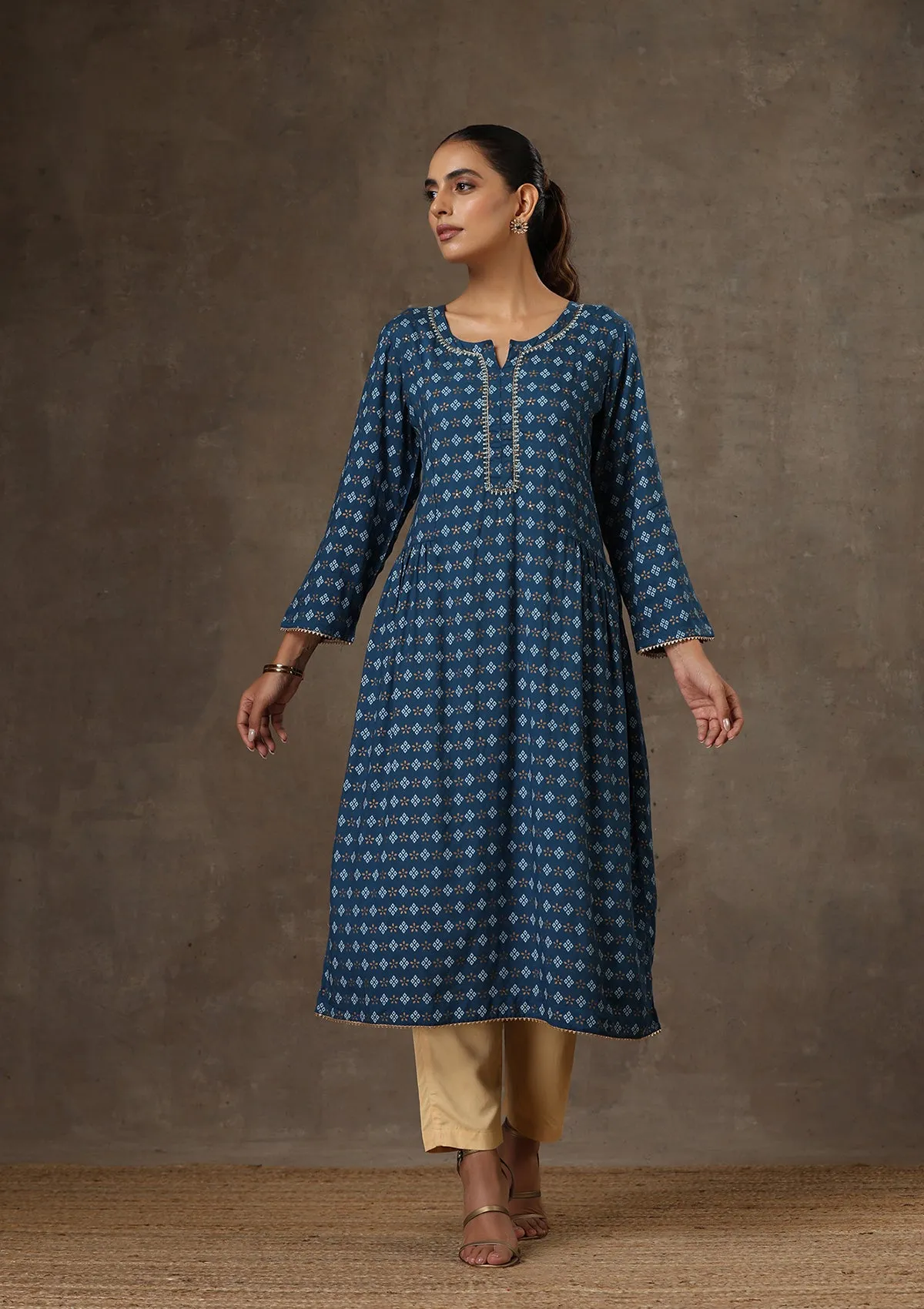 HOC Crafts Rayon Hand Embroidered Printed Women's Long Kurta - Navy Blue