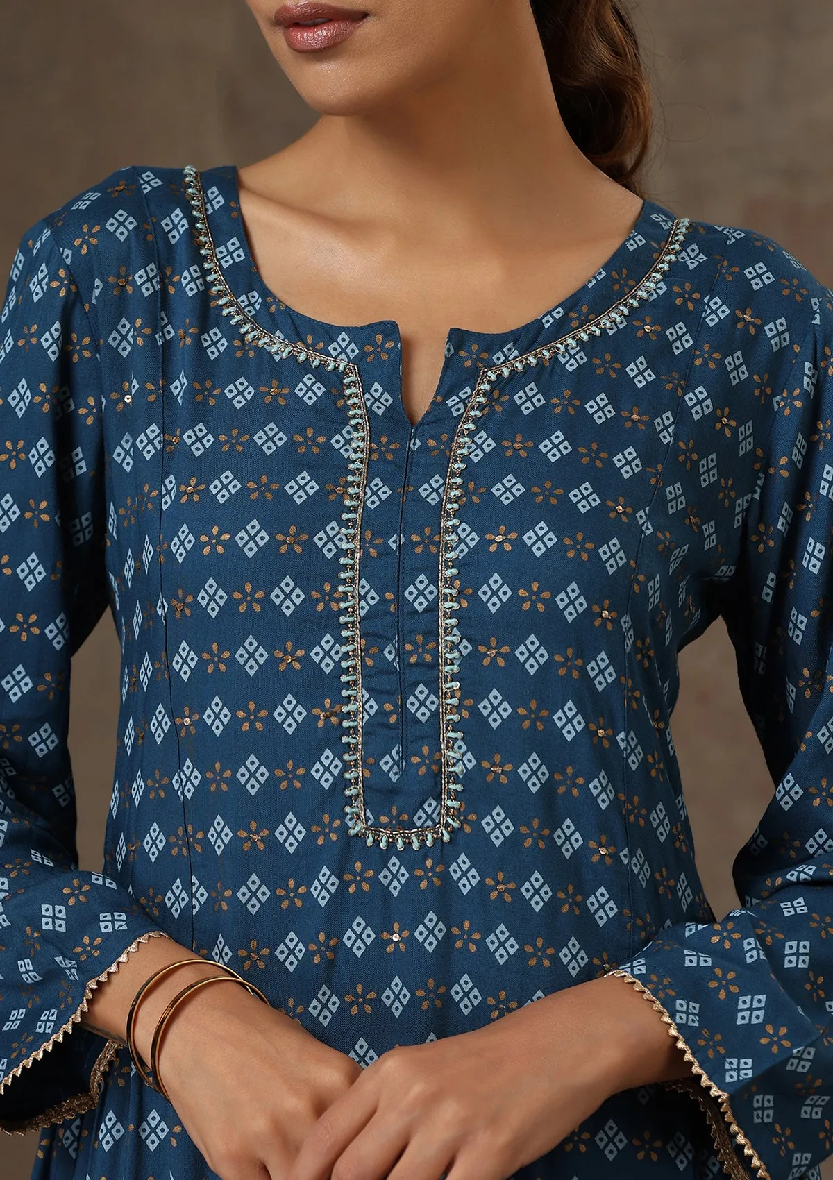 HOC Crafts Rayon Hand Embroidered Printed Women's Long Kurta - Navy Blue