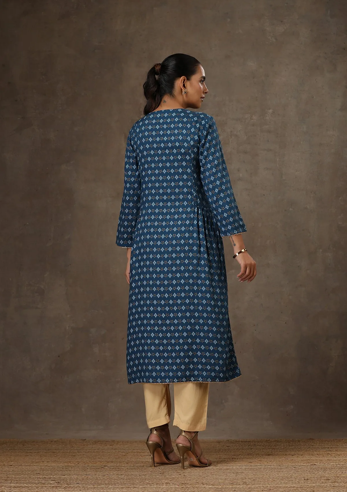 HOC Crafts Rayon Hand Embroidered Printed Women's Long Kurta - Navy Blue