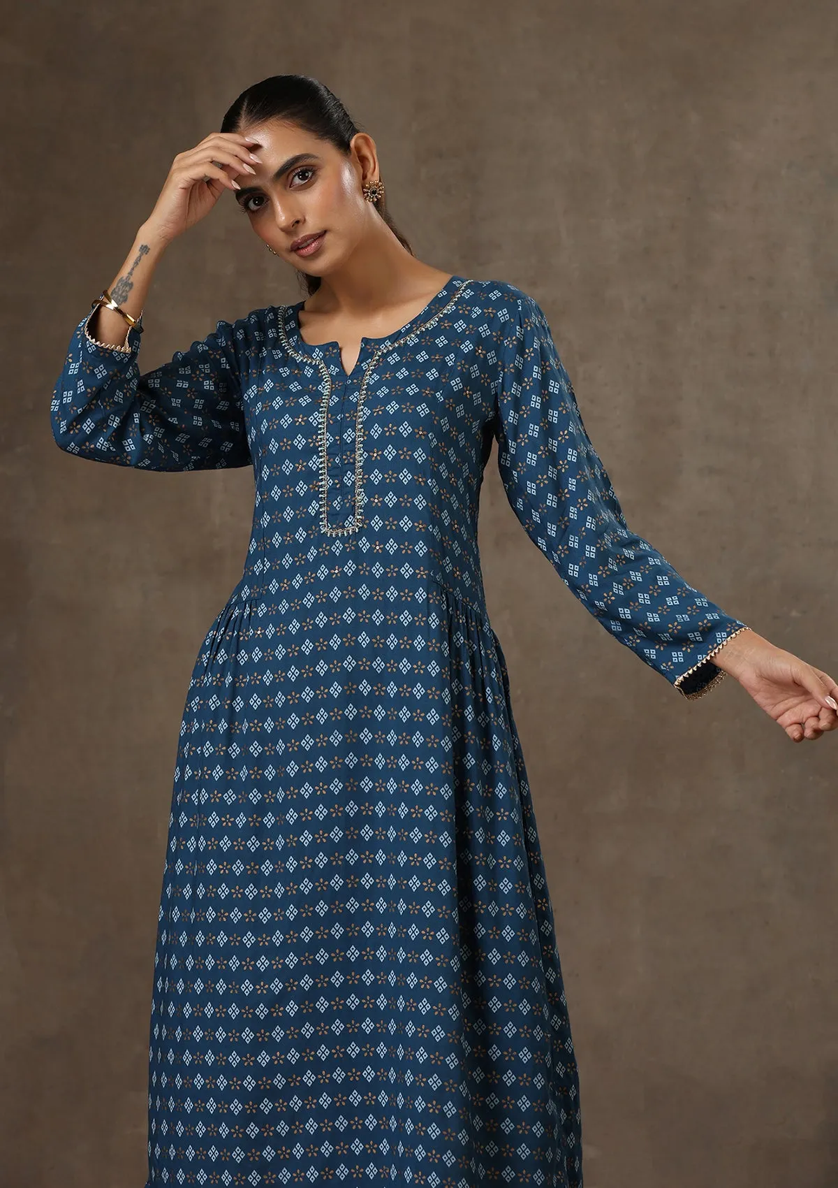 HOC Crafts Rayon Hand Embroidered Printed Women's Long Kurta - Navy Blue