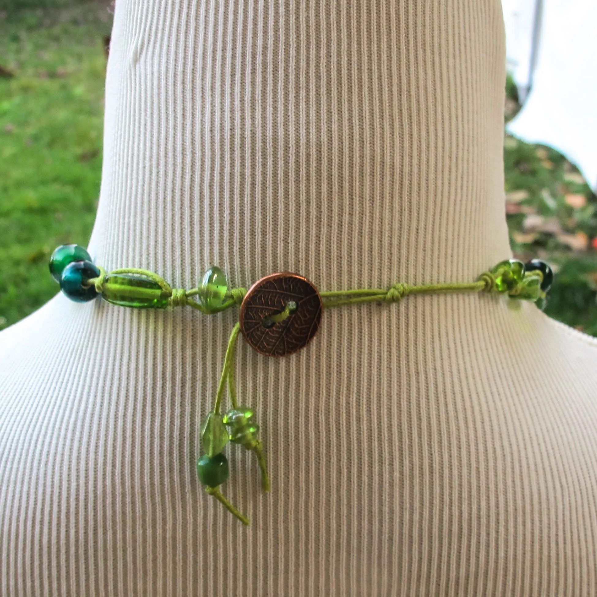 Lampworked Green Glass Indian Beads Necklace with Ceramic Pendant