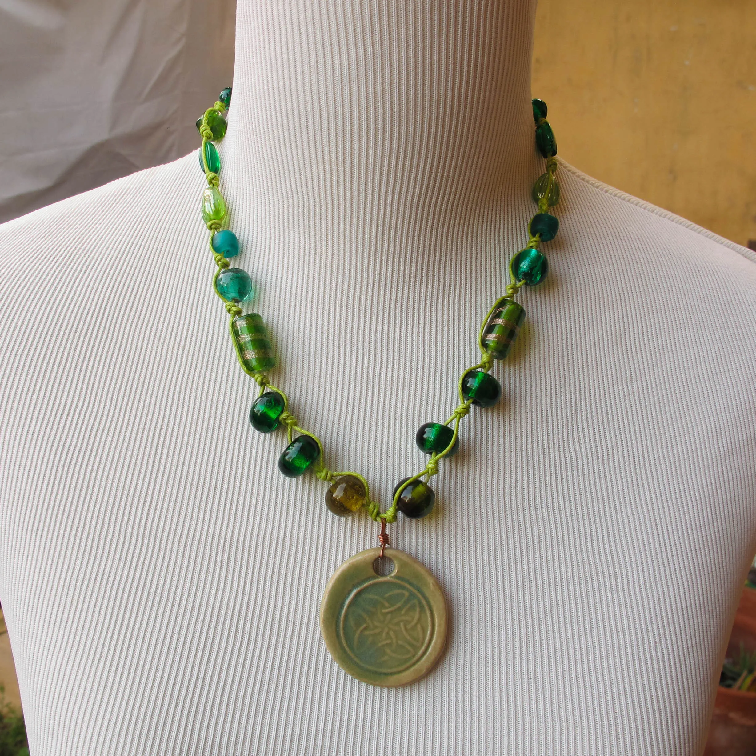 Lampworked Green Glass Indian Beads Necklace with Ceramic Pendant