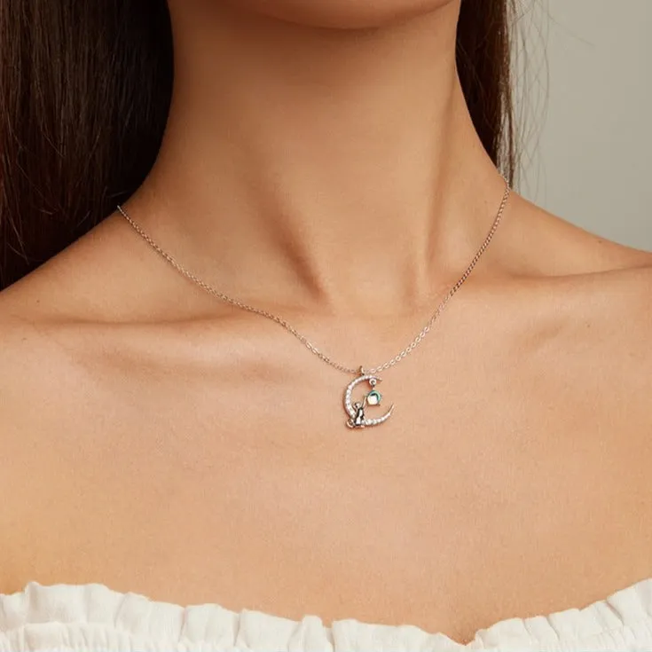 Luxurious Pure S925 Cat and Moon Necklace