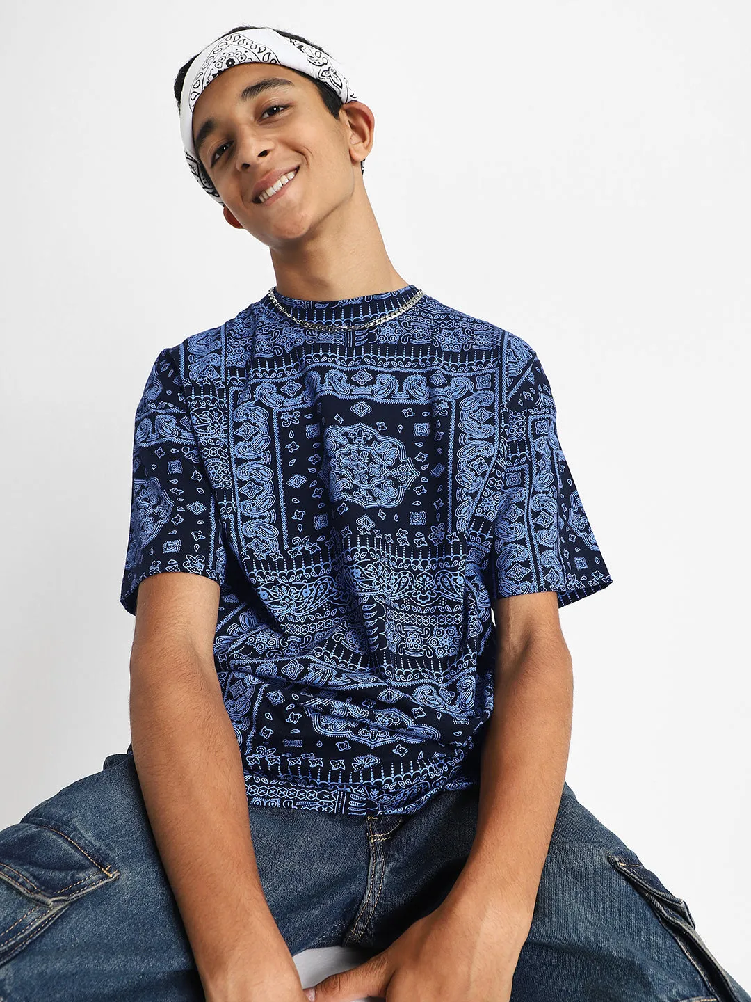 Navy Oversized Paisley Printed Boys T-shirt