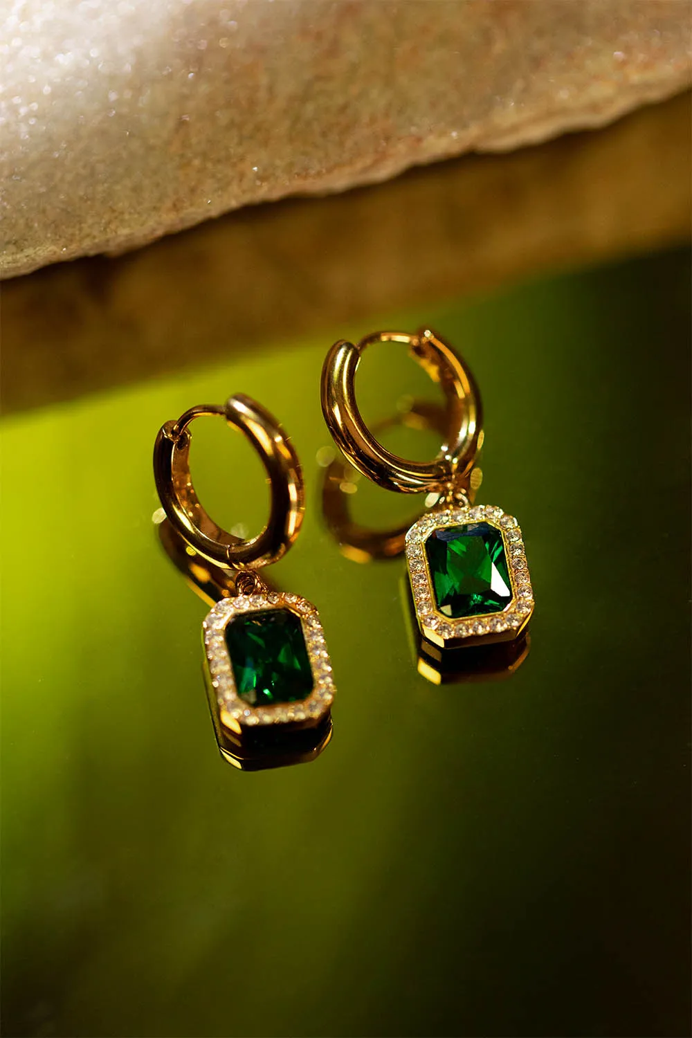 Pavé Emerald Huggies Green 14K Gold Plated