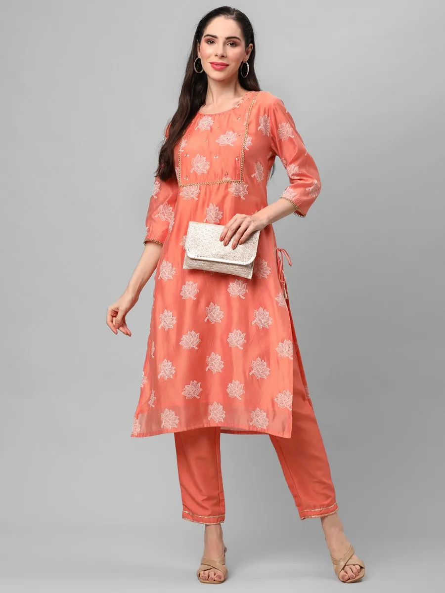 Peach Floral Printed Kurta With Trouser