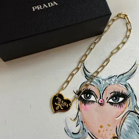 Prada Heart Bag Tag Necklace - Black/Gold on Gold-Filled Paperclip Chain