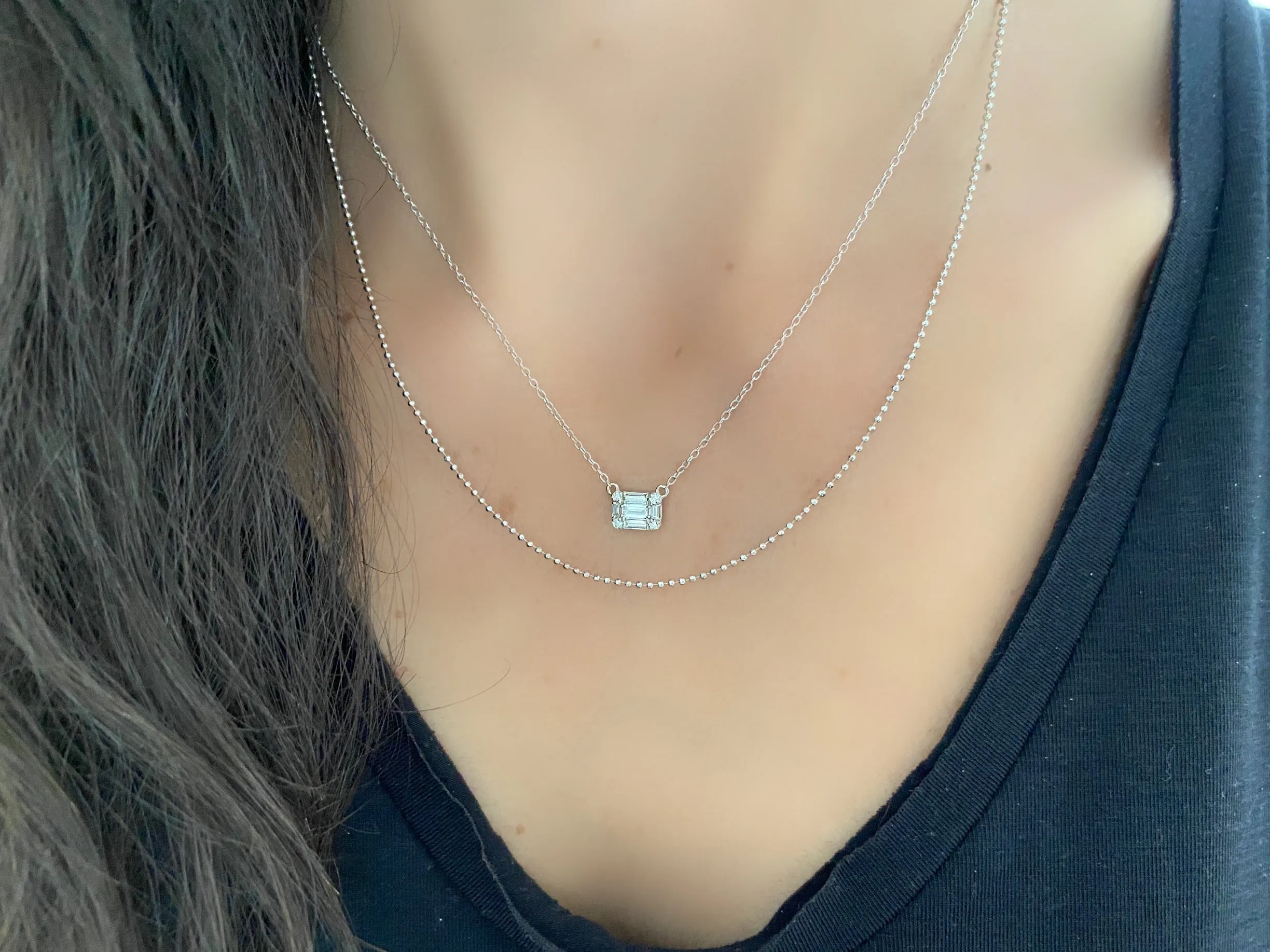 Round and Baguette Diamond Pendant Necklace