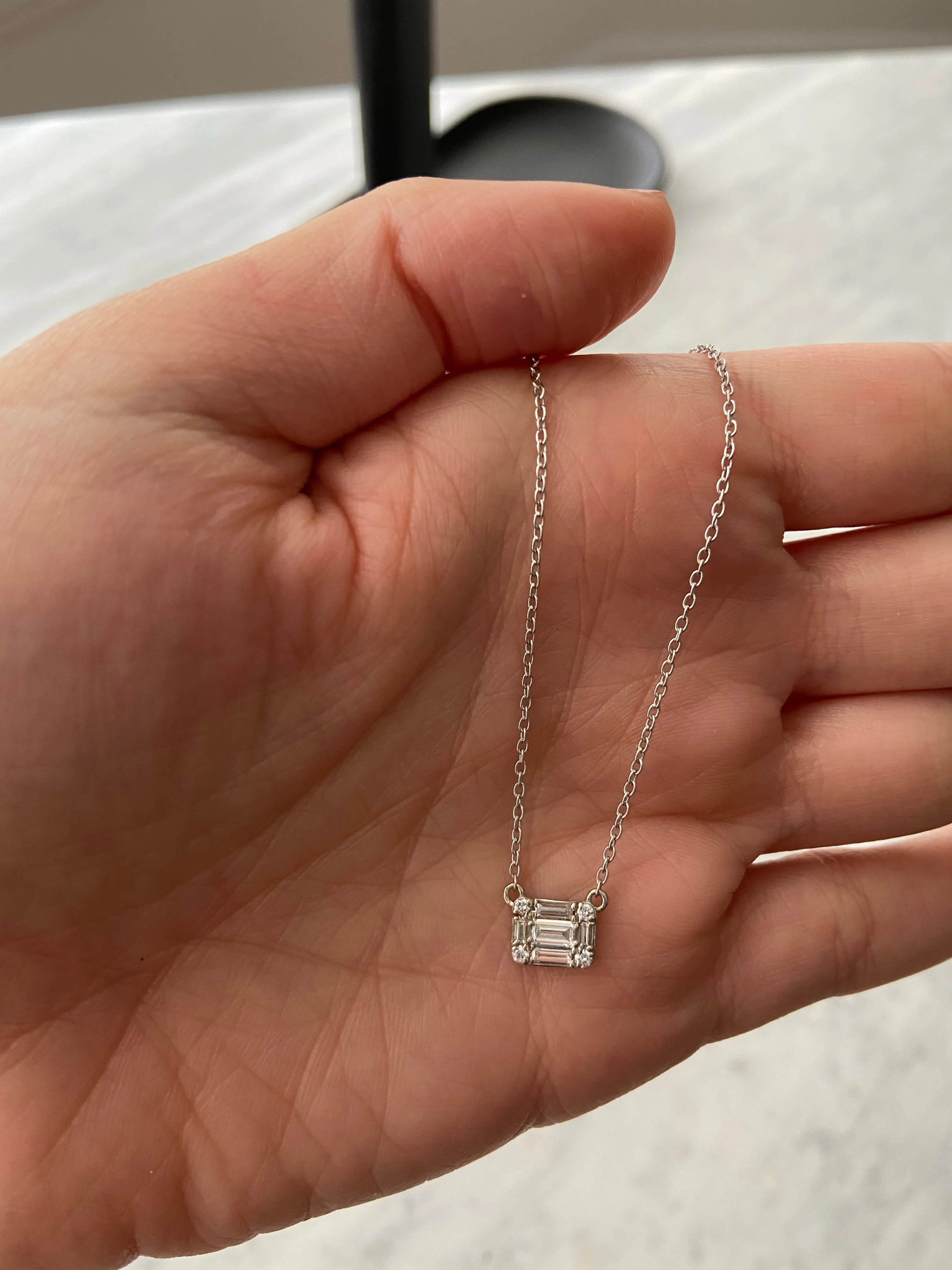 Round and Baguette Diamond Pendant Necklace