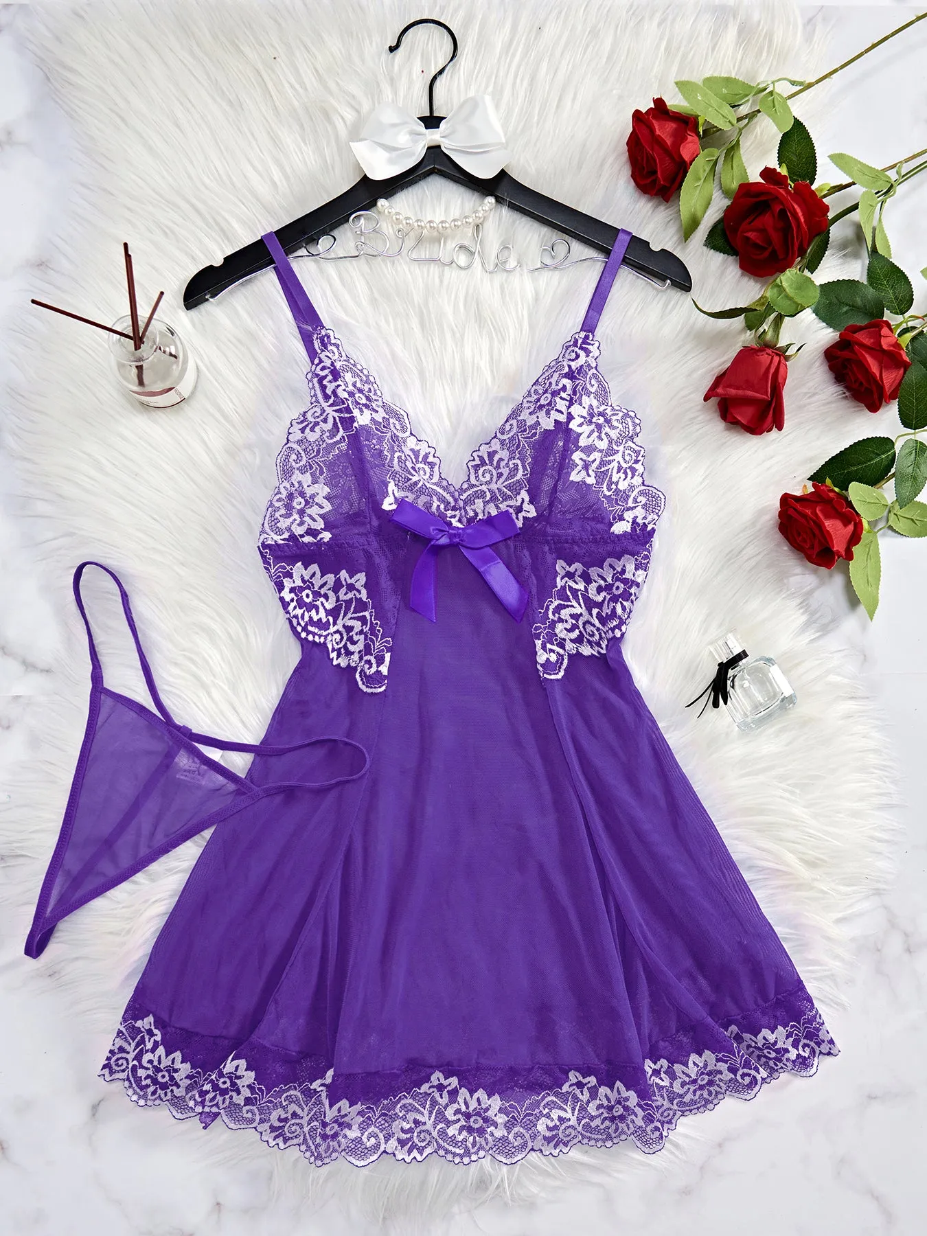 SheCurve®Sexy Sheer Lace Nightgown with G-String