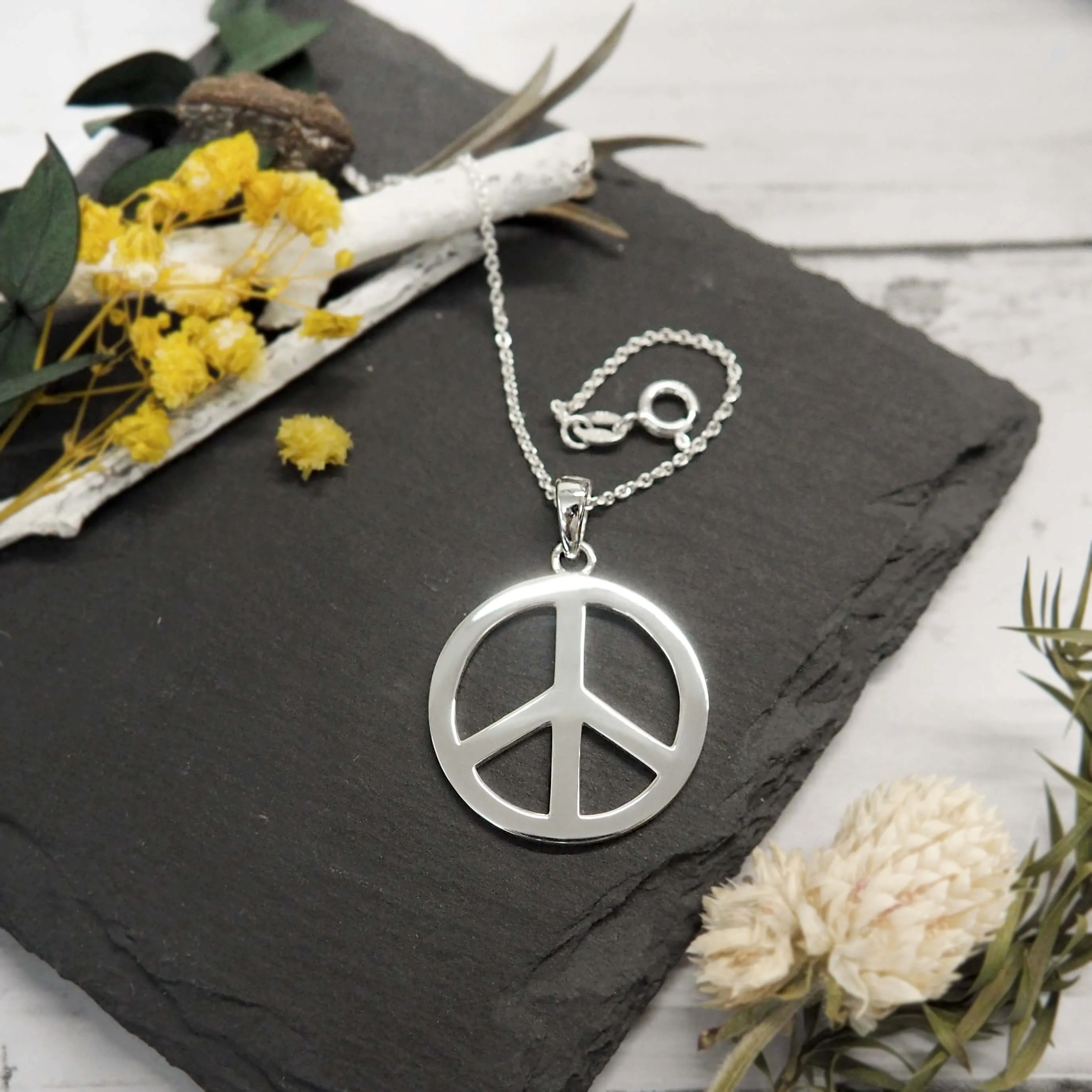 Sterling Silver Large Peace Sign Pendant Necklace, 18"