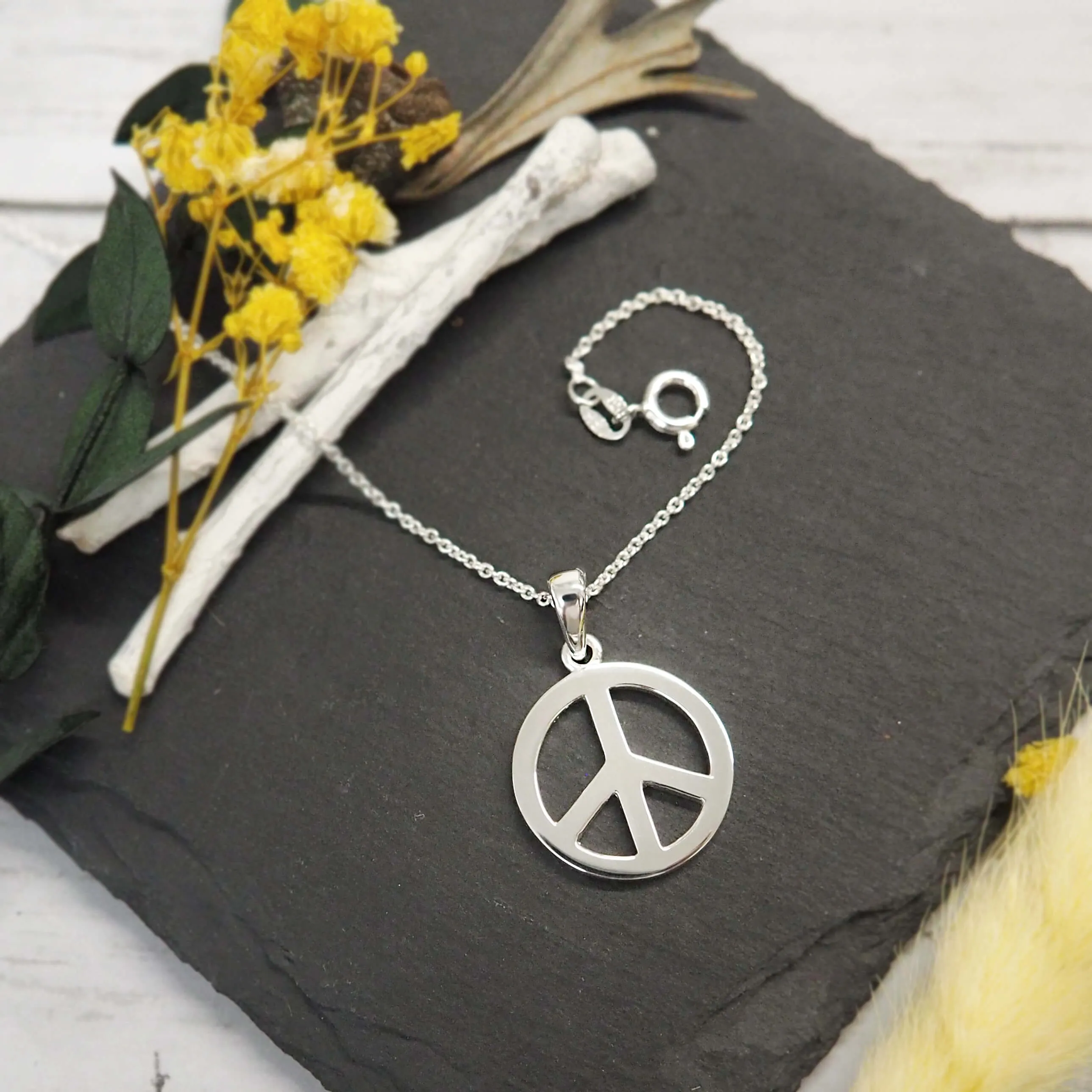 Sterling Silver Small Peace Sign Pendant Necklace, 18"