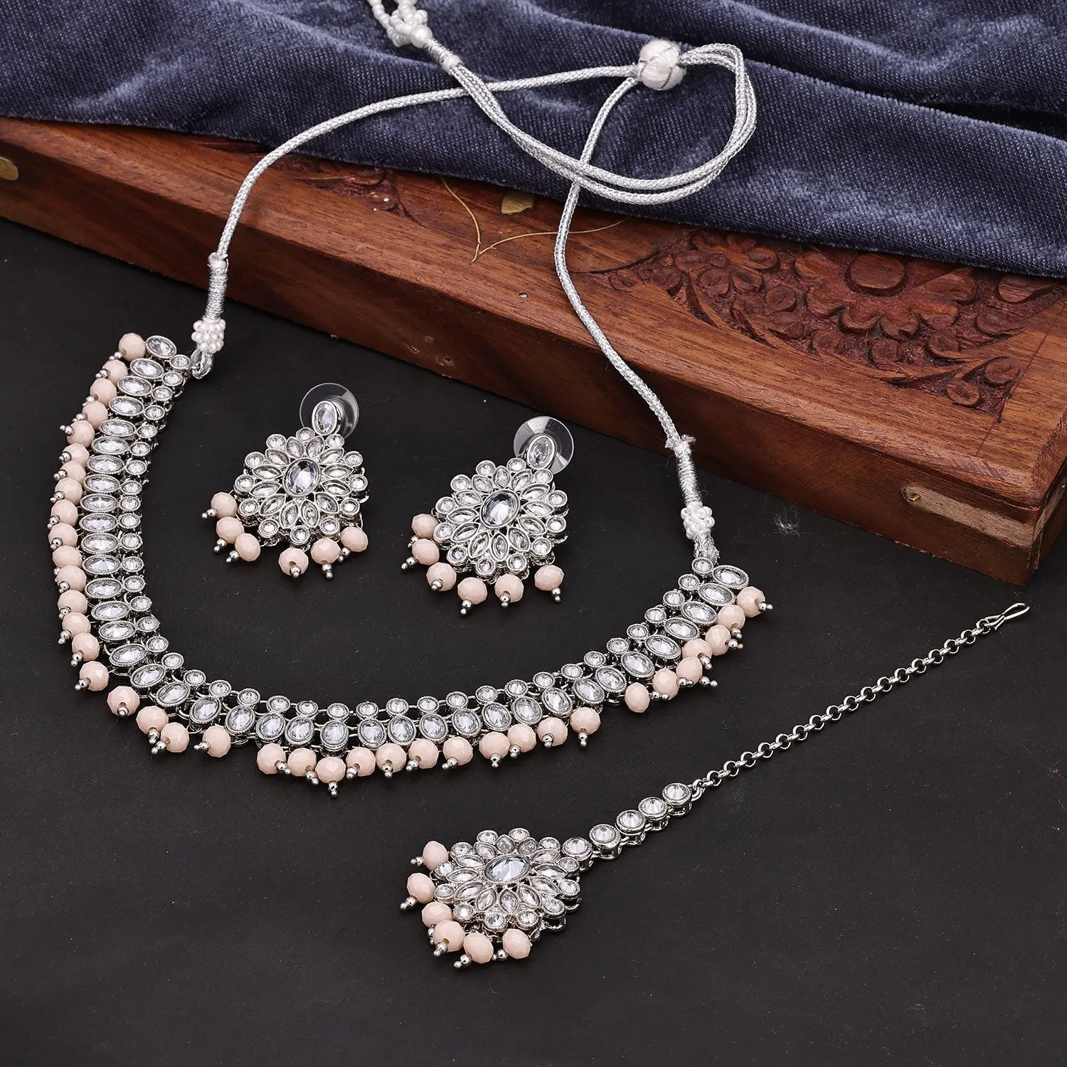 Sukkhi Adorable Choker Reverse AD & Pearl Peach Rhodium Plated Necklace Set For Women