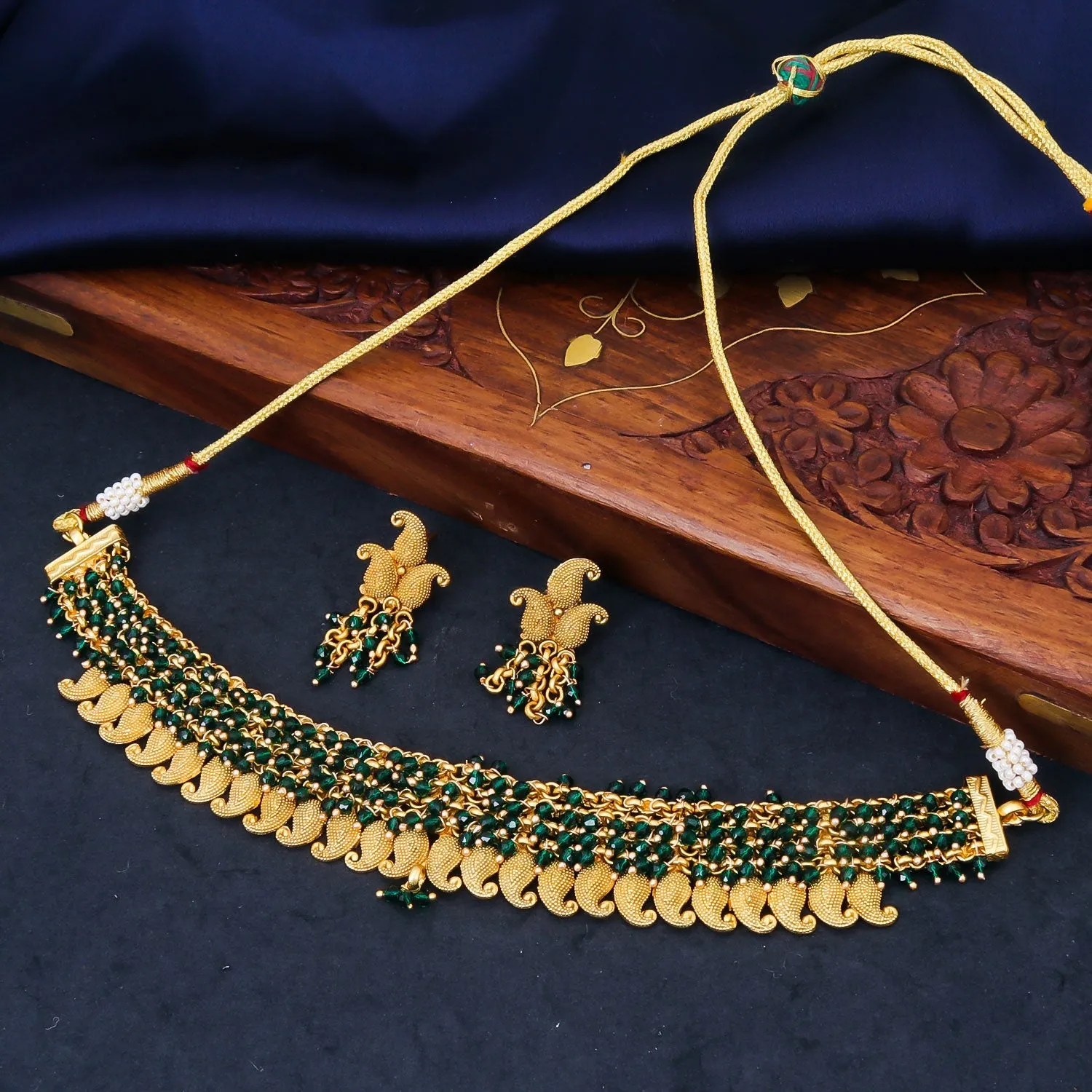 Sukkhi Appealing Ravishing Choker Green Pearl Gold Plated Necklace Set for Women