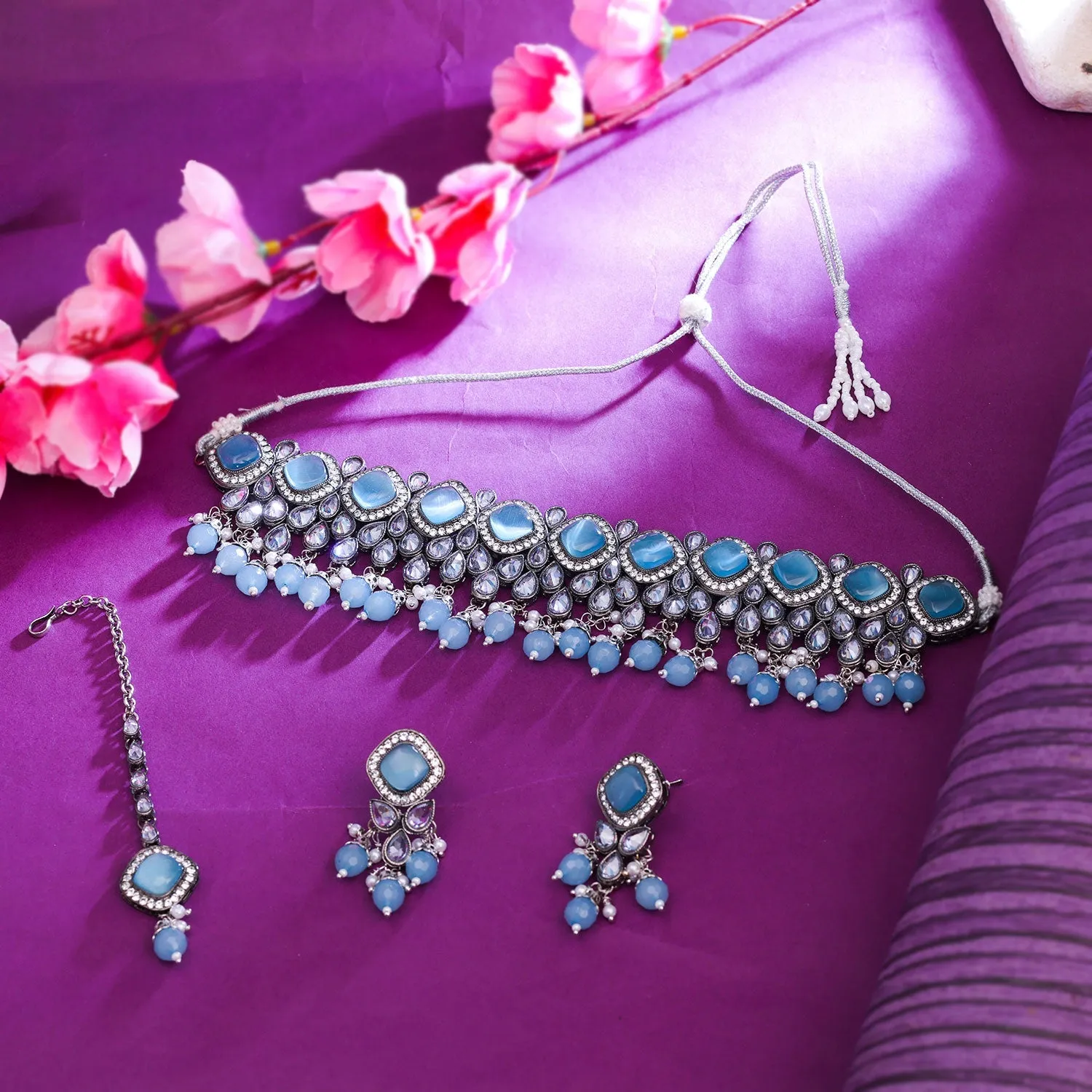 Sukkhi Aqua Black Rhodium Plated Reverse Ad & Pearl Choker Necklace Set For Women