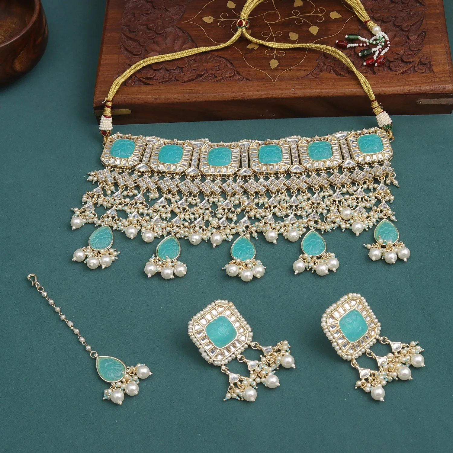 Sukkhi Aqua Gold Plated Kundan & Pearl Choker Necklace Set For Women