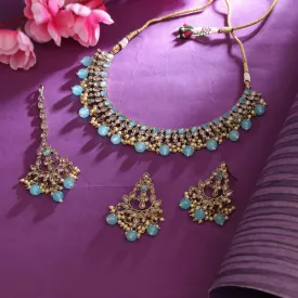 Sukkhi Aqua Gold Plated Reverse Ad & Pearl Choker Necklace Set For Women