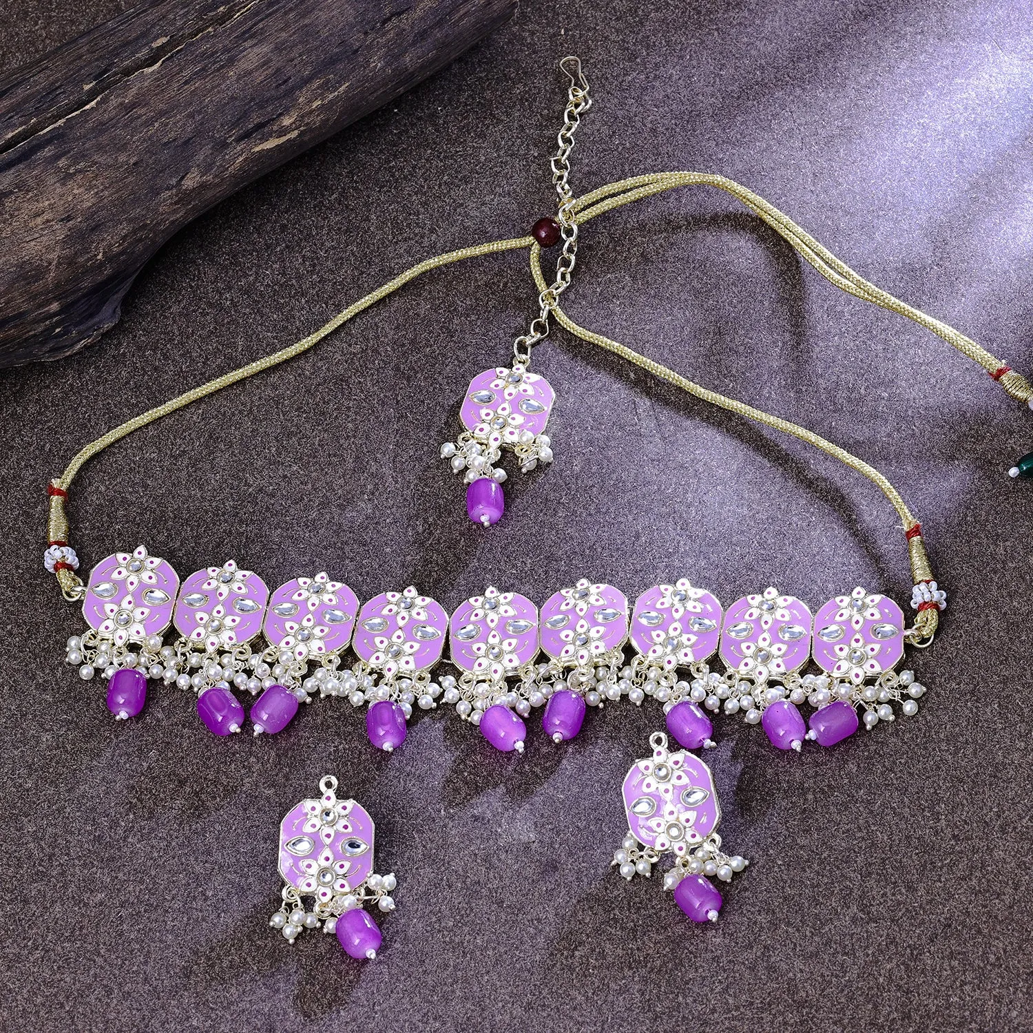 Sukkhi Arresting Gold Plated Light Purple Kundan Choker Necklace Set With Maang Tikka for Women