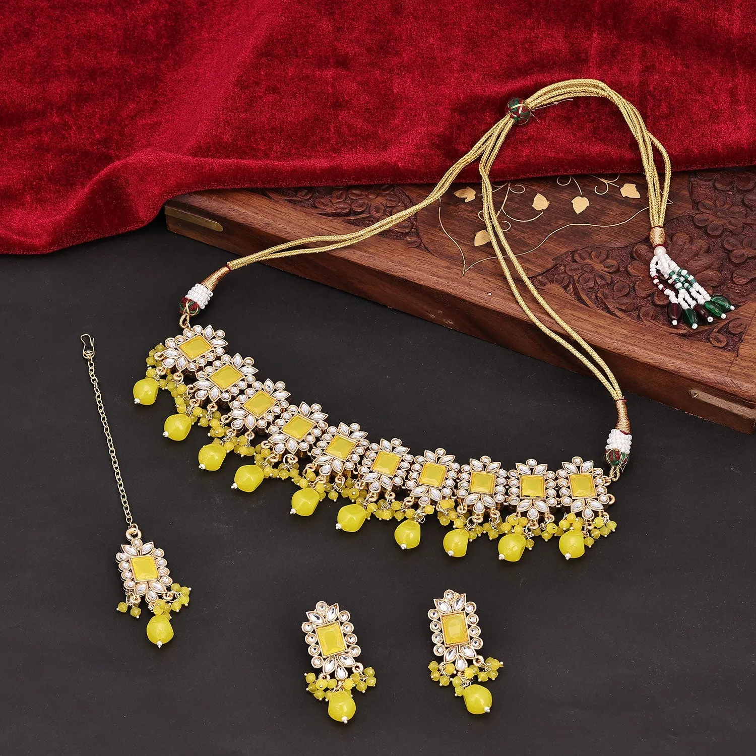 Sukkhi Astonish Choker Kundan & Pearl Yellow Gold Plated Necklace Set For Women