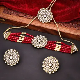 Sukkhi Beautiful Choker Mirror & Pearl Maroon Gold Plated Necklace Set For Women