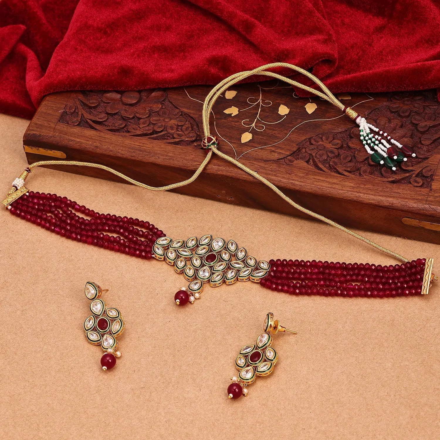 Sukkhi Beguiling Kundan & Pearl Choker Maroon Gold Plated Necklace Set For Women