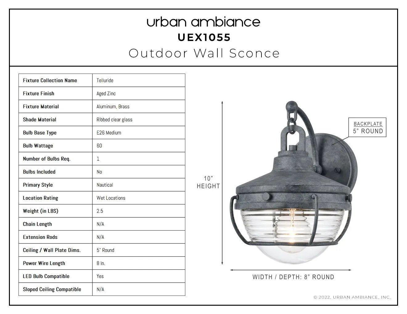 UEX1055 Nautical Outdoor Wall Sconce 10''H x 8''W, Aged Zinc Finish, Telluride Collection