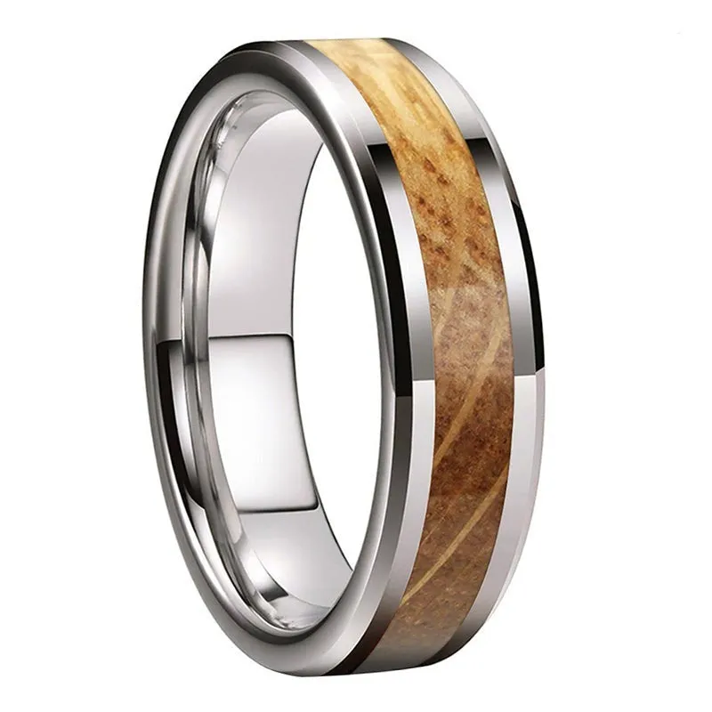 Whiskey Barrel Oak & Silver Tungsten with Bevelled Edge Ring (6mm)