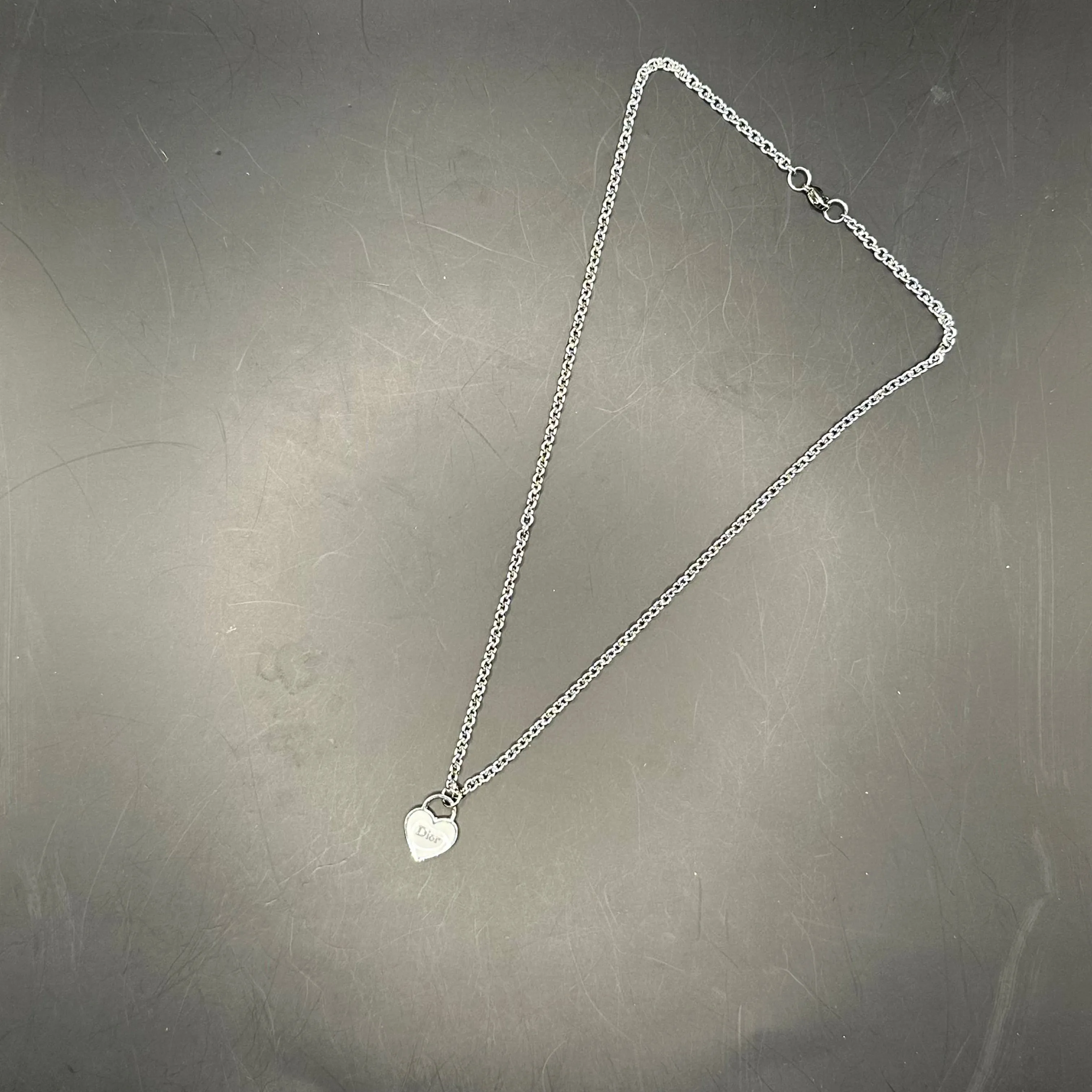 White Dior Heart Zipper Pull on White Gold-Filled Link Necklace