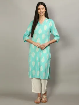 Women Baby Blue Ornamental Printed Kurta