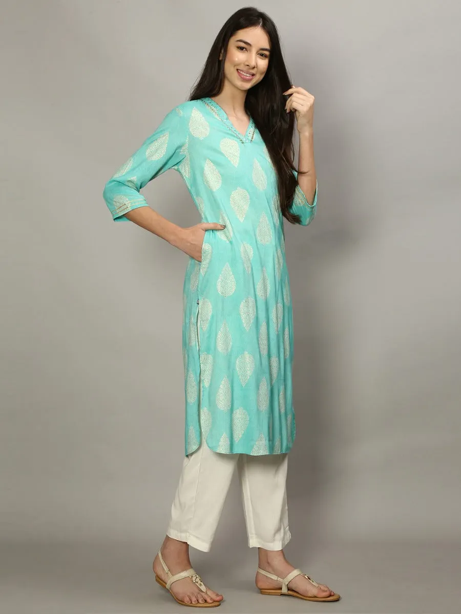 Women Baby Blue Ornamental Printed Kurta