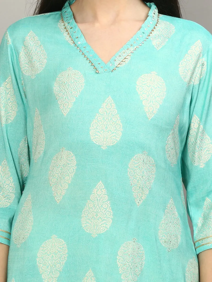 Women Baby Blue Ornamental Printed Kurta