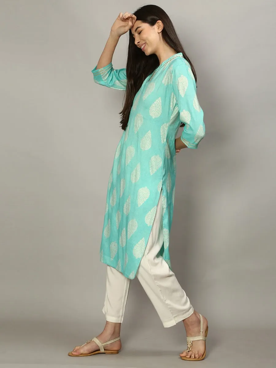 Women Baby Blue Ornamental Printed Kurta