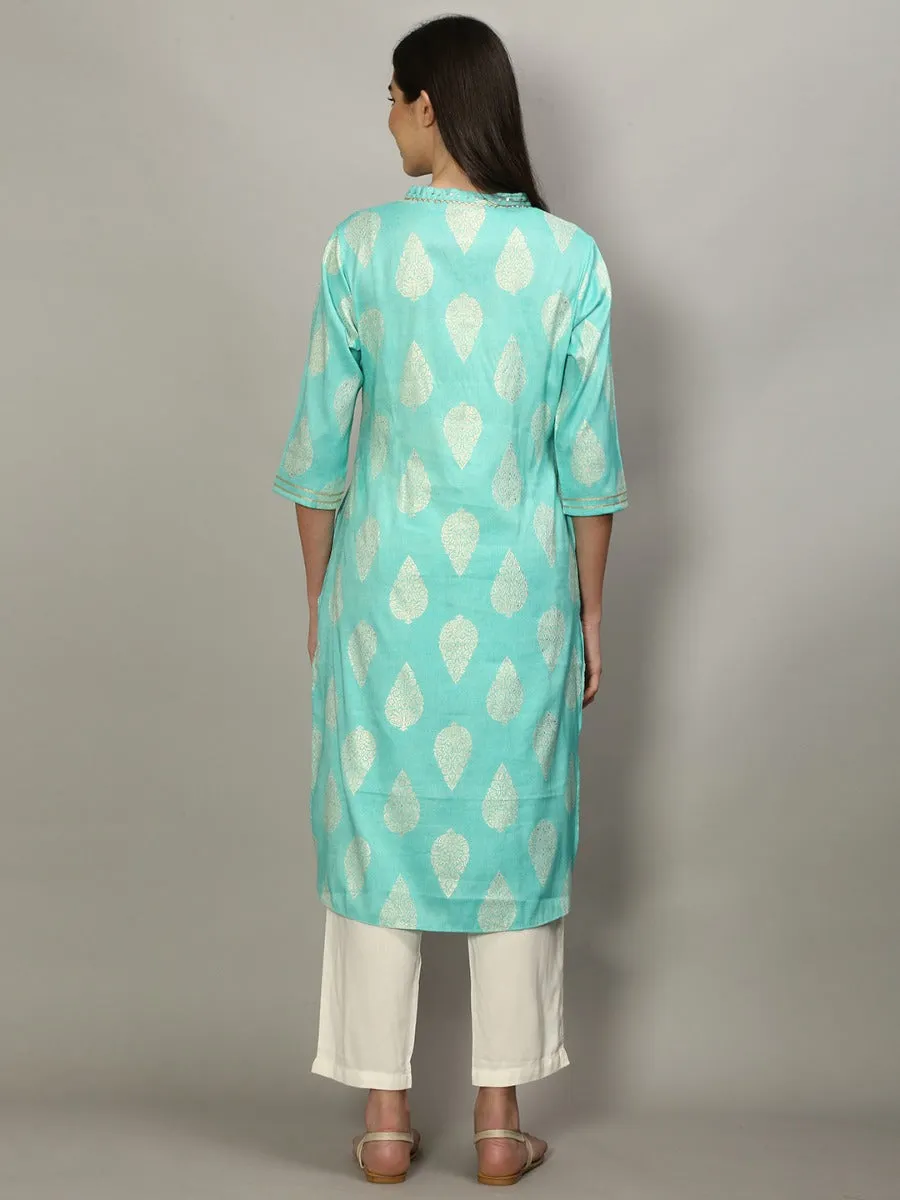 Women Baby Blue Ornamental Printed Kurta