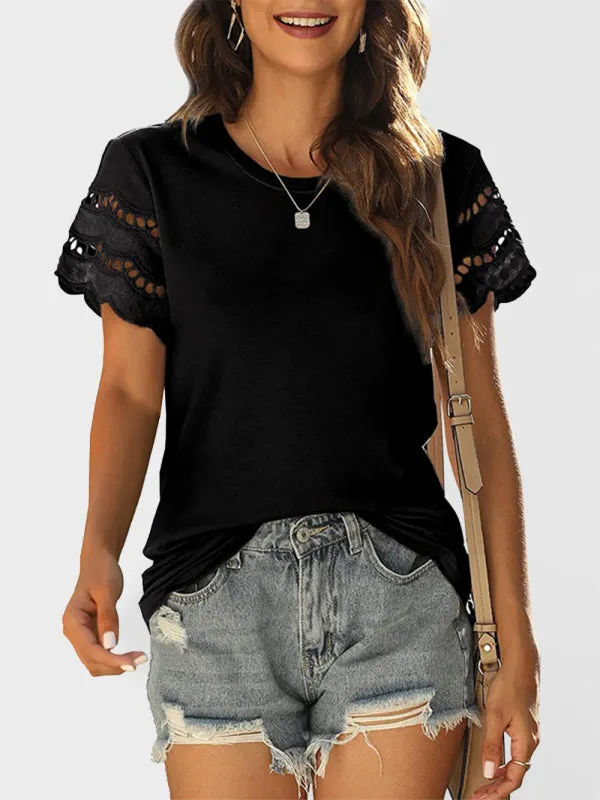 Women's Solid Colour Embroidered Cut Out Sleeve Detail Top