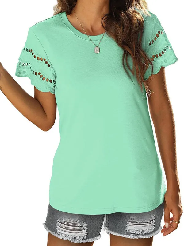 Women's Solid Colour Embroidered Cut Out Sleeve Detail Top