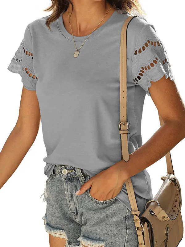 Women's Solid Colour Embroidered Cut Out Sleeve Detail Top