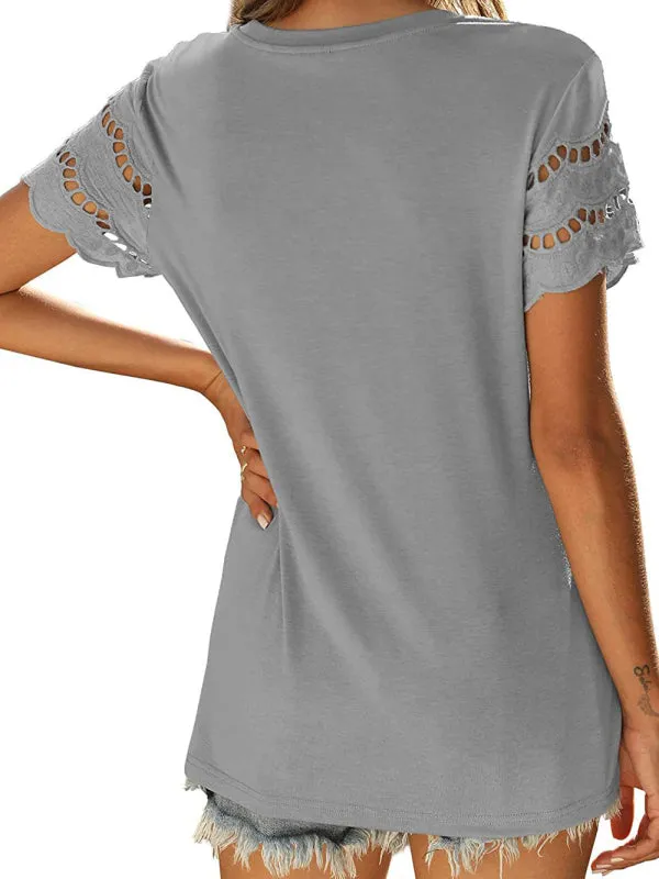 Women's Solid Colour Embroidered Cut Out Sleeve Detail Top